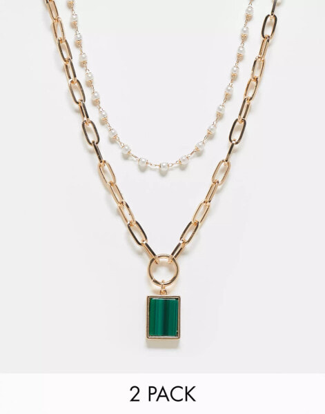 Reclaimed Vintage unisex 2 row necklace with emerald pendant in gold