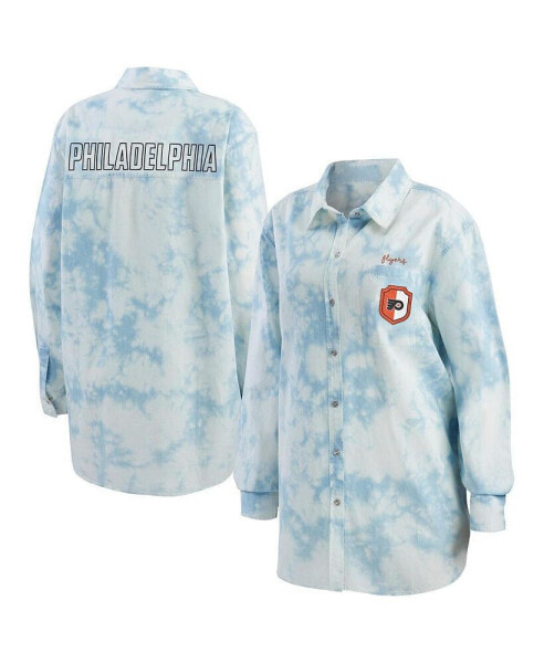 Women's White Philadelphia Flyers Oversized Tie-Dye Button-Up Denim Shirt