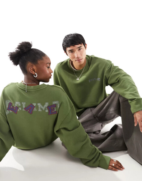 Reclaimed Vintage unisex oversized sweat with sports varsity logo in khaki