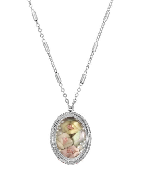 2028 flower Silver-tone oval Multicolor Rose Necklace