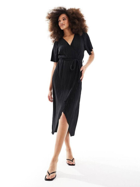 Y.A.S plisse wrap midi dress in black