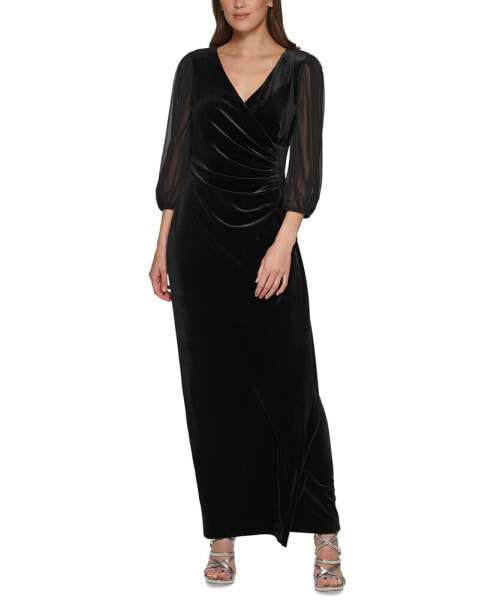 Women's Side-Ruched Chiffon-Sleeve Velvet Gown