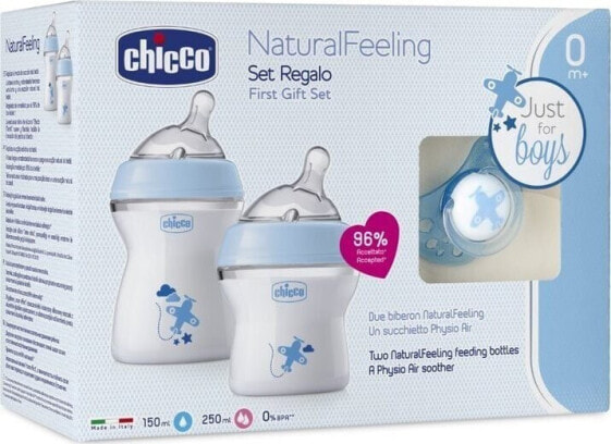 Chicco CHICCO_SET NaturalFeeling Zestaw do karmienia butelka 150ml 0m+ + butelka 250ml 2m+ + smoczek PhysioForma Comfort 0m+ Niebieski