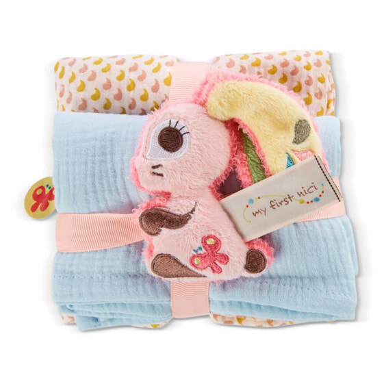 NICI Muslin Cloth Set Of 2 With Mini Grasping Toy