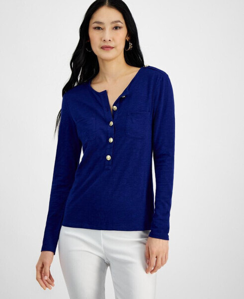 Women's Chest-Pocket Henley, Created for Macy's