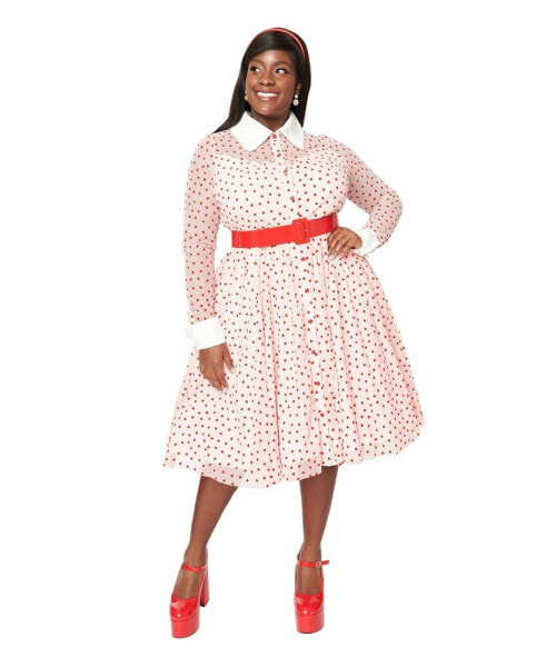 Plus Size Pink & Red Flocked Hearts Tulle Swing Dress