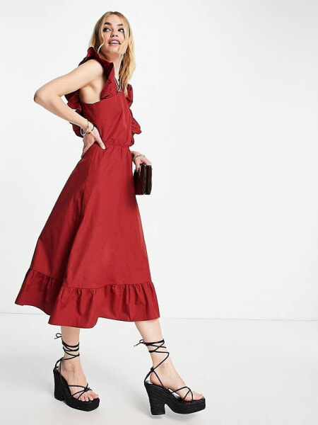 Vero Moda – Aware – Midikleid in Rot mit überkreuztem Detail vorne und Rüschen