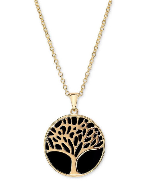 Onyx Tree & Flower Reversible 18" Pendant Necklace in 14k Gold-Plated Sterling Silver