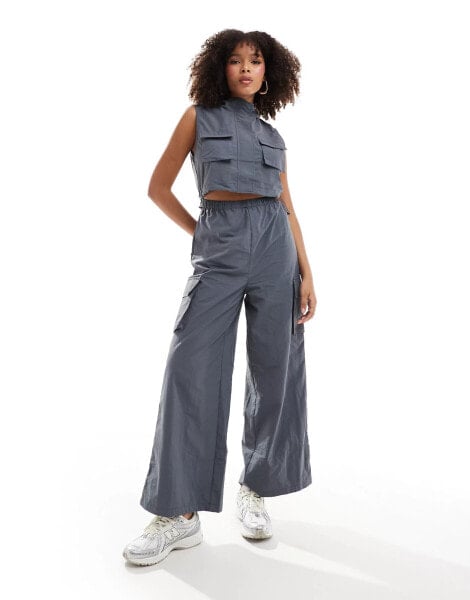 Pimkie sleeveless cut out wide leg utility jumpsuit in charcoal grey