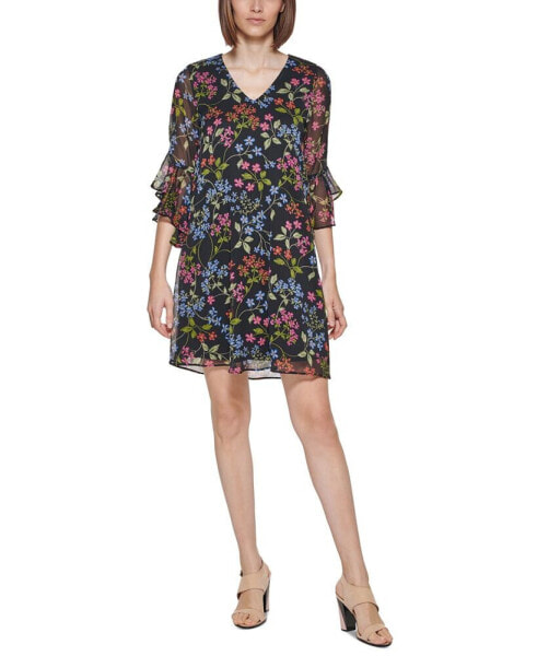 Women's 3/4-Sleeve Printed Chiffon Dress