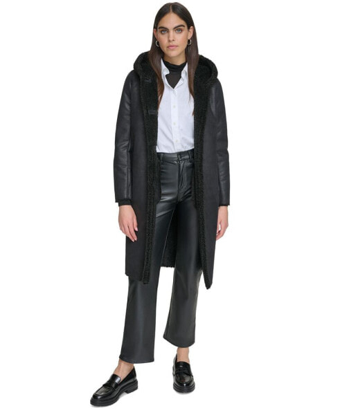 Women's Hooded Faux-Shearling Trim Coat