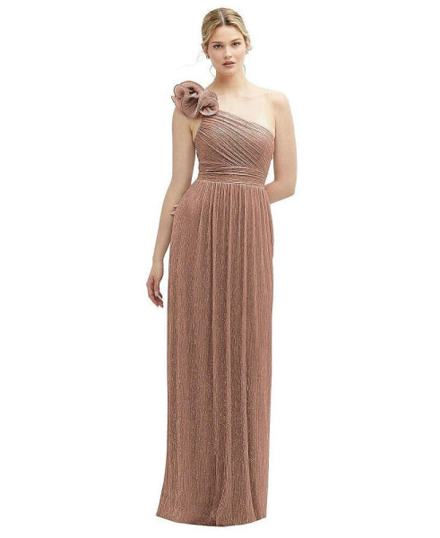 Dramatic Ruffle Edge One-Shoulder Metallic Pleated Maxi Dress