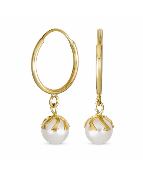 Petite Tiny Real 10K Yellow Gold White 4.5 MM Round Freshwater Cultured Pearl Drop Ball Dangle Hoop Earring Women Teens June Birthstone