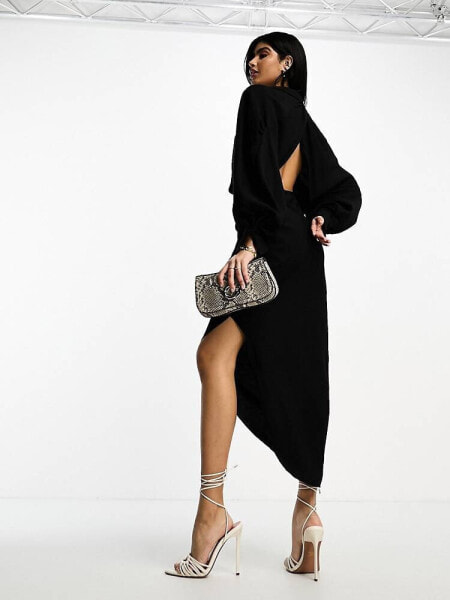 ASOS EDITION – Strukturiertes, drapiertes Midi-Hemdkleid in Schwarz mit Bindedetail