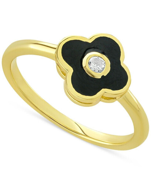 Cubic Zirconia & Black Enamel Clover Ring in 14k Gold-Plated Sterling Silver, Created for Macy's
