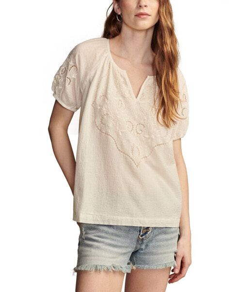 Women's Short-Sleeve Cutwork Cotton Peasant Top