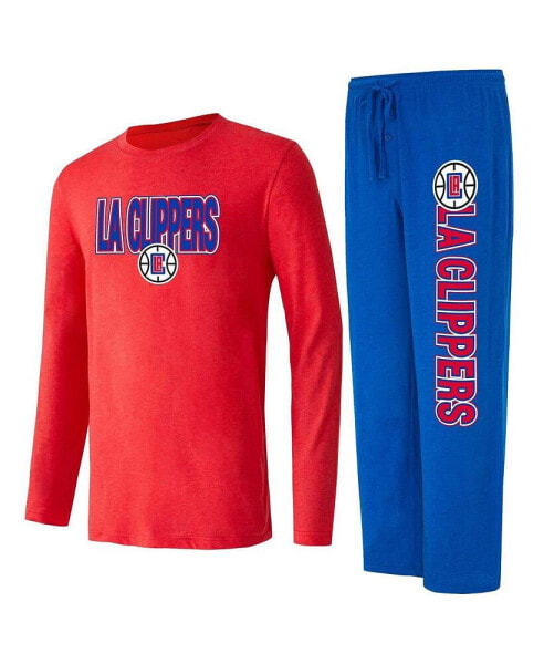 Men's Royal, Red Distressed LA Clippers Meter Long Sleeve T-shirt and Pants Sleep Set