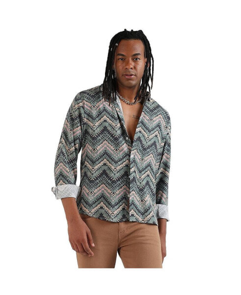 Men's EcoLiva Olive Green Abstract Zig Zag Shirt