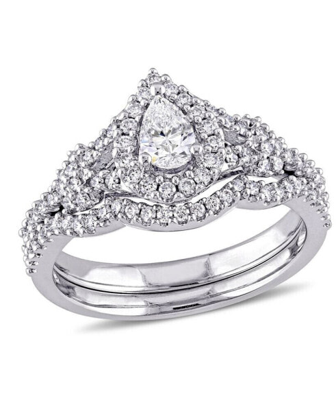 Certified Diamond (7/8 ct. t.w.) Pear-Shape Halo Split Shank Bridal Set in 14k White Gold