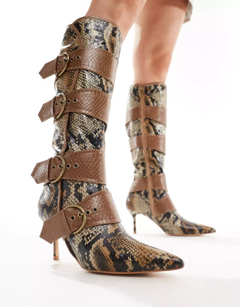 Public Desire Samurai kitten heel knee boots with buckles in snake