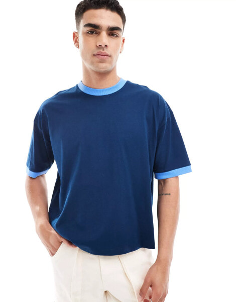 ASOS DESIGN oversized boxy ringer t-shirt in blue