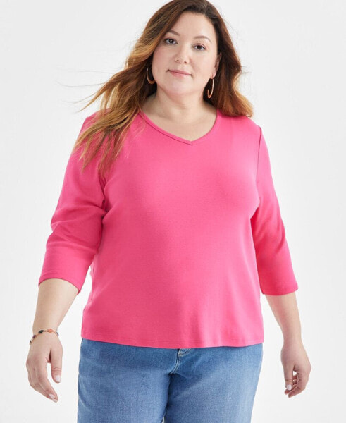 Style & Co Plus Size Cotton V-Neck 3/4-Sleeve Top, Created for