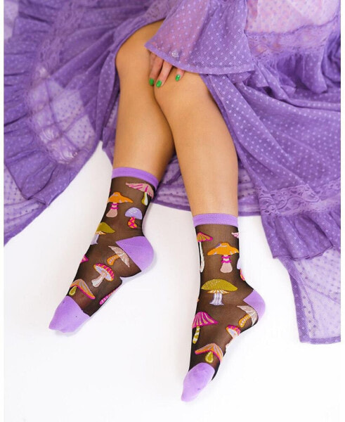 Women's Magic Mushrooms Black Sheer Sock