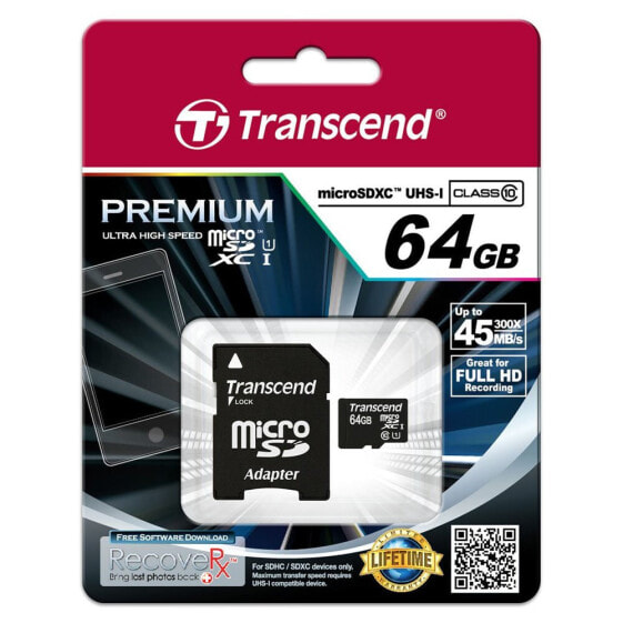 Transcend microSDXC/SDHC Class 10 UHS-I 64GB with Adapter - 64 GB - MicroSDXC - Class 10 - MLC - 90 MB/s - Class 1 (U1)