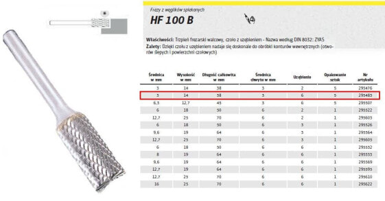 KLINGSPOR FREZ DO METALU HF 100 B FI=3,0x14mm TRZPIEŃ 3mm TYP ZYAS, WALCOWY
