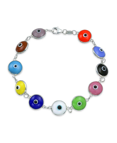 Protection Good Luck Amulet Turkish Multicolor Opaque Glass Bead Evil Eye Bracelet For Women Sterling Silver 7.5 Inch