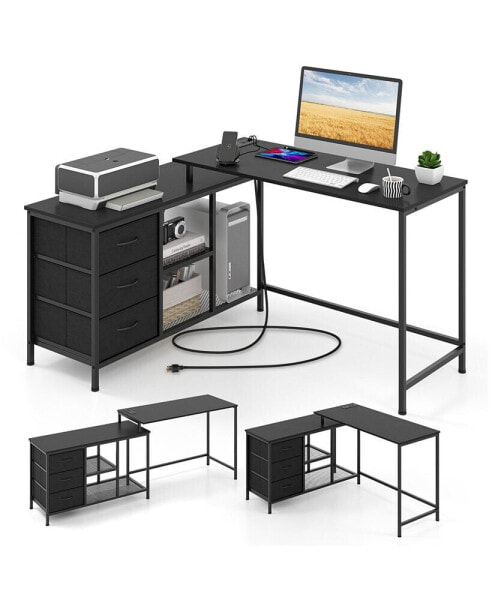 L-shaped Computer Desk with Power Outlet, Fabric Drawers, Metal Mesh Shelves