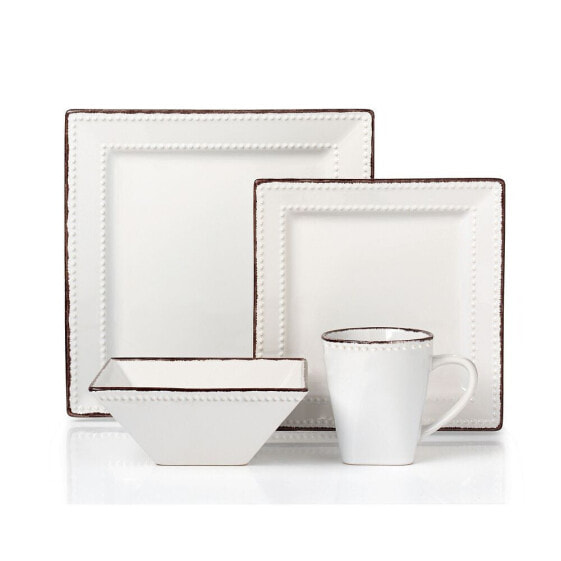 16 Piece Square Beaded Stoneware Dinnerware set, Service for 4