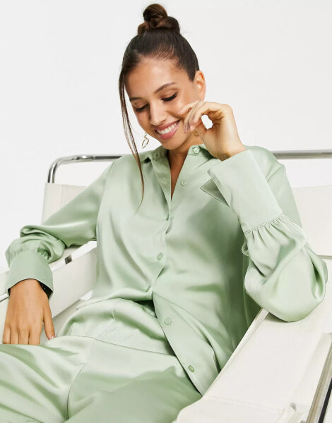 Pretty Lavish oversized satin shirt co-ord in mint