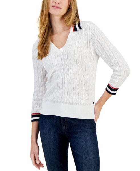 Women's Cotton Striped-Collar Cable-Knit Sweater