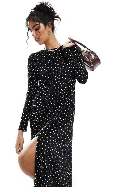 ASOS DESIGN plisse long sleeve split hem maxi dress in mono spot