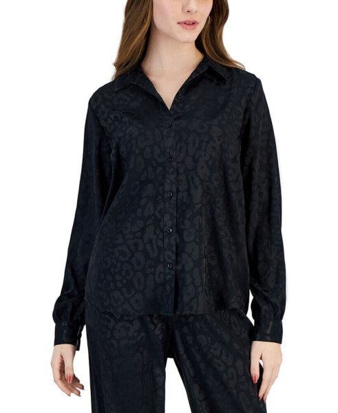 Petite Jacquard Animal Print Button Front Satin Shirt, Created for Macy's