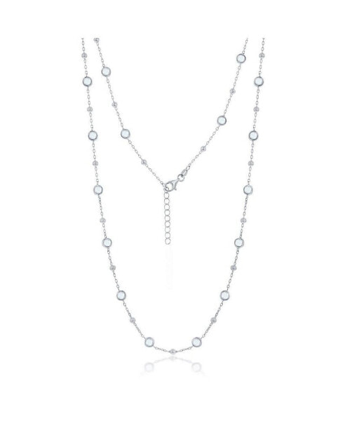 Sterling Silver Bezel-Set CZ & Bead Station Necklace (White, Green, Blue, Or Red)