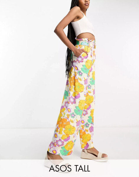 ASOS DESIGN Tall oversized floral printed paperbag waist wide leg trouser with linen in multi