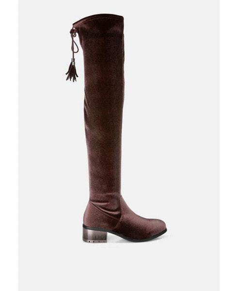 rumple velvet over the knee clear heel boots