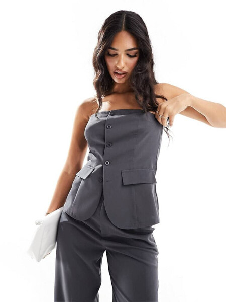 Missyempire button through bandeau top co-ord in charcoal