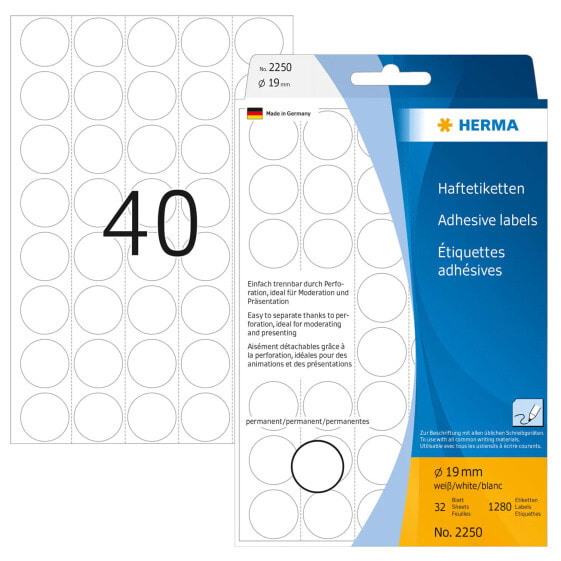 HERMA Multi-purpose labels/colour dots Ø 19 mm round white paper matt backing paper perforated 1280 pcs. - White - Circle - Cellulose - Paper - Germany - 19 mm - 19 mm