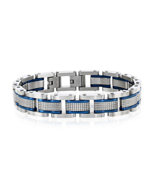 Stainless Steel Textured Blue and Silver Link Bracelet