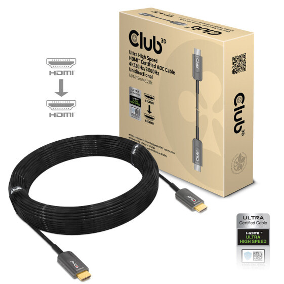 Кабель HDMI высокоскоростной Club 3D Ultra High Speed Certified AOC 4K120Hz/8K60Hz Unidirectional M/M 15m/49.21ft - 15 м - HDMI Тип A (Стандартный) - HDMI Тип A (Стандартный) - Канал обратной передачи аудиосигнала (ARC) - Черный