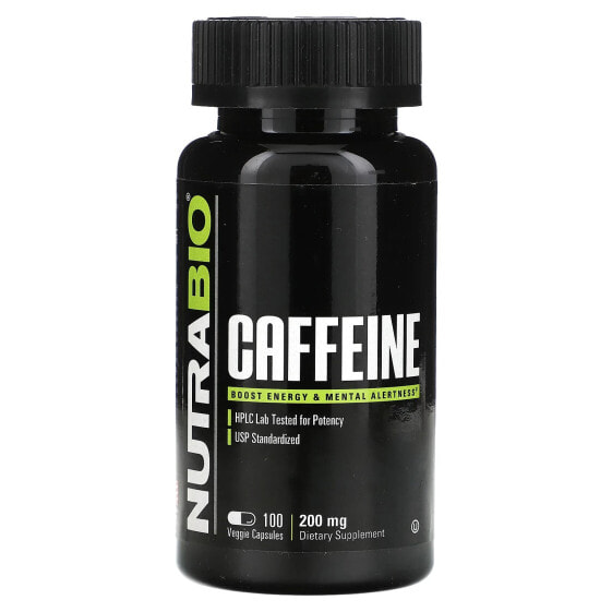 Предтренировочный комплекс NutraBio Кофеин, 200 мг, 100 капсул для вегетарианцев
