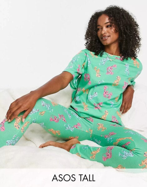 ASOS DESIGN Tall dino & lobster oversized tee & legging pyjama set in green