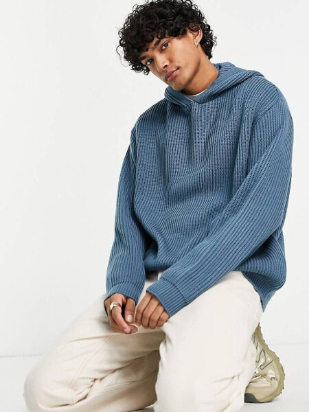 ASOS DESIGN oversized knitted jumper with hoodie in blue 