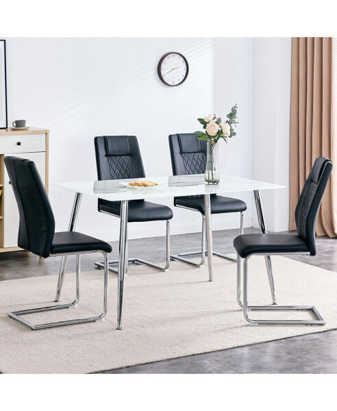 Table and chair set. 1 table with 4 black PU chairs. Modern minimalist rectangular white imitation marble dining table, with silver metal legs. Paired with 4 chairs with silver legs.DT-1544 c001