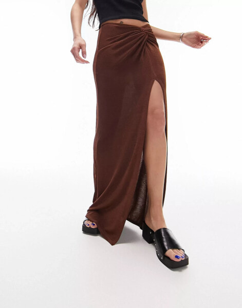 Topshop slinky twist front maxi skirt in chocolate