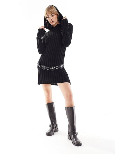 Reclaimed Vintage knitted mini dress with hood in black