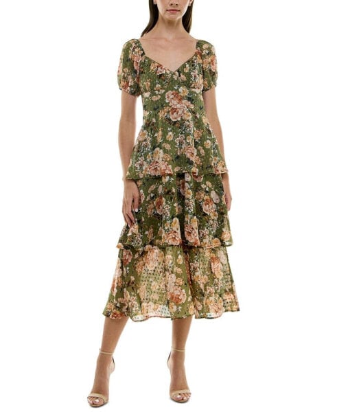 Juniors' Floral-Print Clip-Dot Tiered Midi Dress